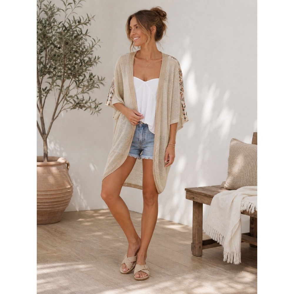 Z & L Kimono Cardigan Womens XS Cream Tan Ombre Embroidered Boho Tribal Festival